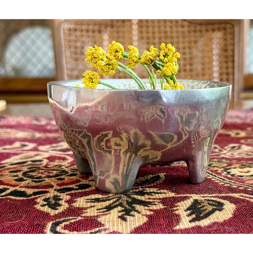 Vintage Sand Cast Aluminum Footed Bowl, Textured Interior, 3-Legged